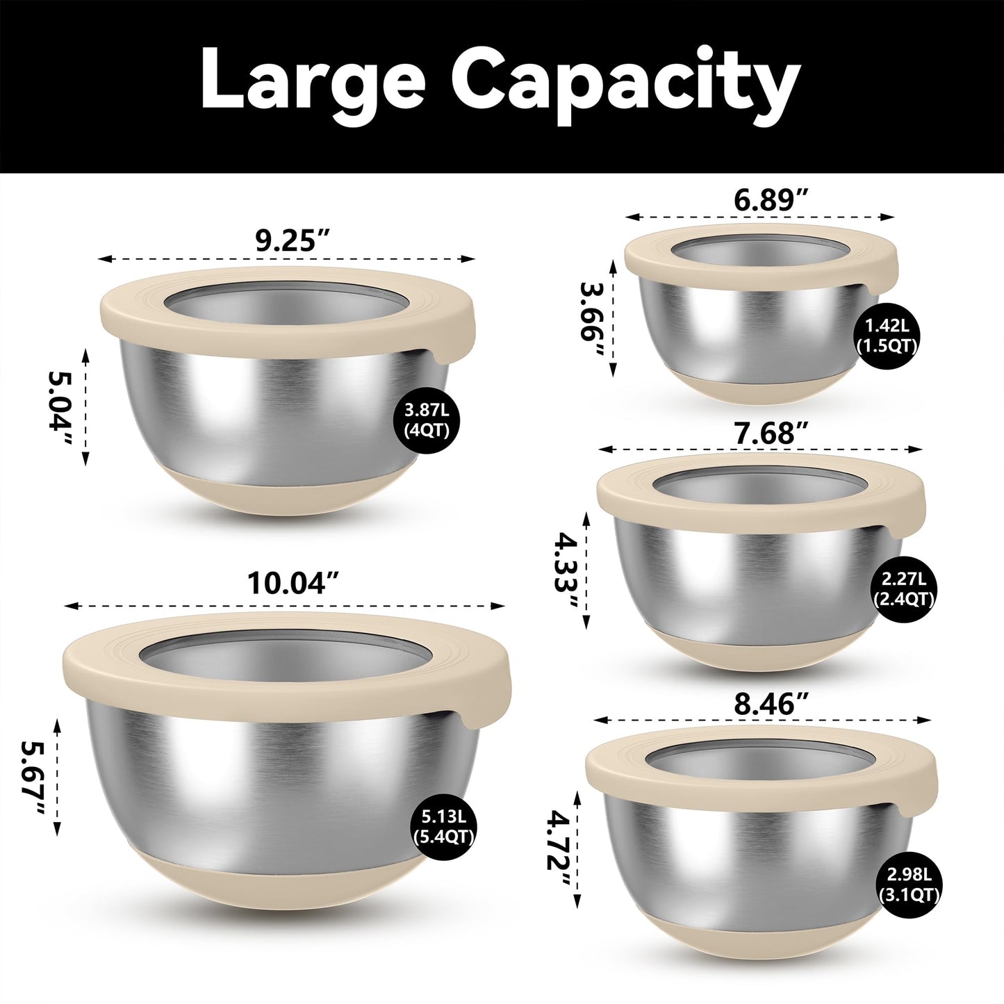 KITEISCAT Stainless Steel Mixing Bowls with Lids – Set of 5 Large Nesting Metal Bowls for Kitchen, Baking, Cooking, Food Prep & Storage, Non-Slip Base, Dishwasher Safe,Khaki