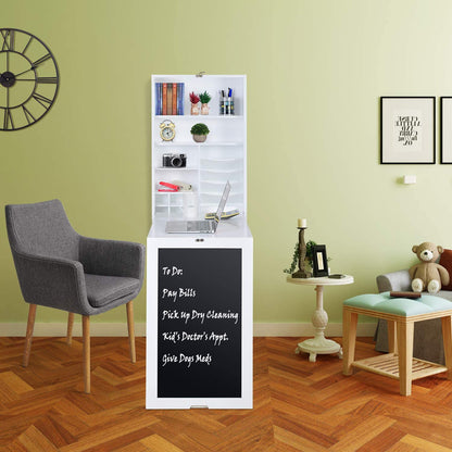 Utopia Alley Collapsible Fold Down Desk Table | Chalkboard Wall with Storage Cabinet & Bottom Shelves, Multipurpose Foldable Desk for Home, Office, Crafting, and More (White)