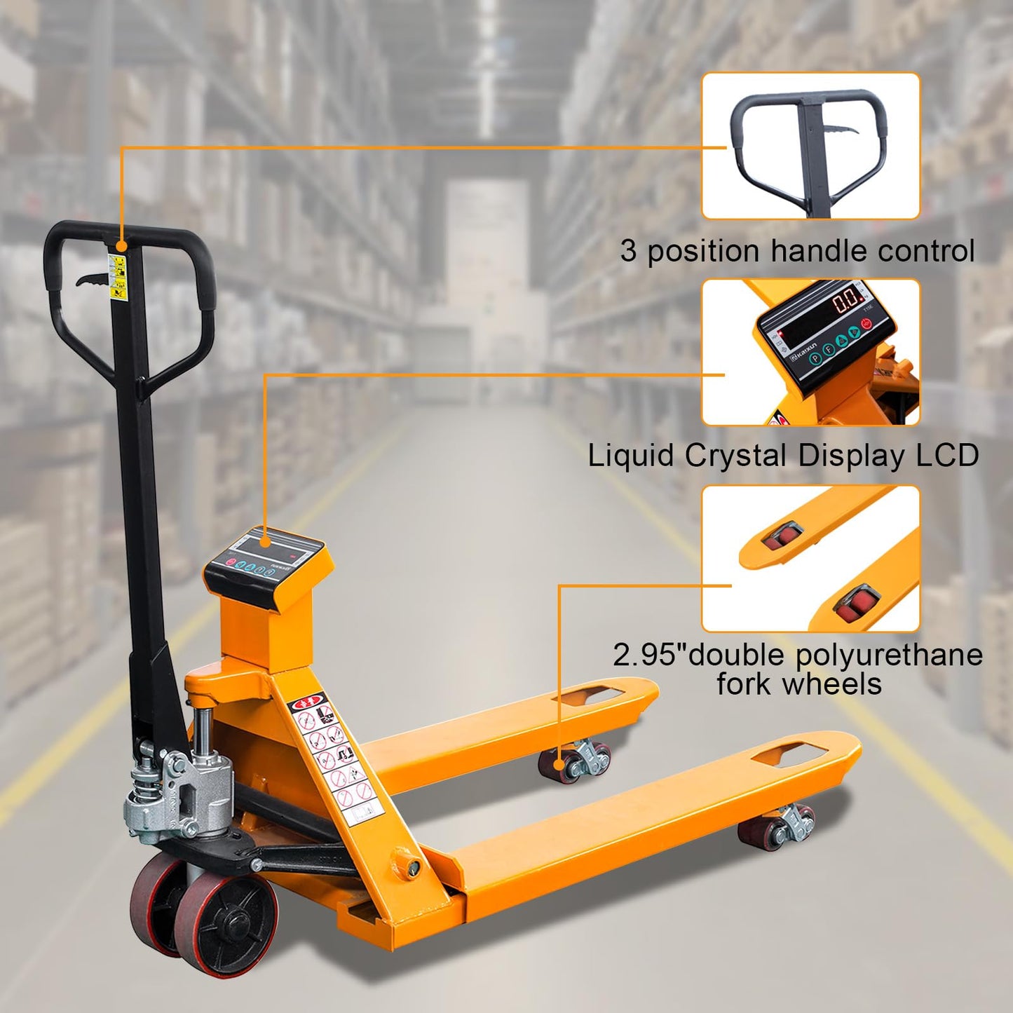 Kaixun Pallet Jack Scale, 4400 lbs Capacity, 27" W x 45" L Forks, LCD Display, Lb/Kg Switchable Manual Hand Control Pallet Truck with Built-in Scale, PU Wheels