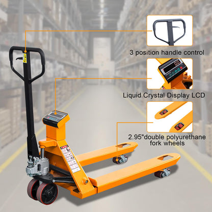 UNISOAR Scale Pallet Jack 4400Lbs Capacity, 45" x 27" Forks, Lb/Kg Switchable Electronic Scale Hydraulic Hand Pallet Truck, for Warehouse, Supermarket, Logistics Center