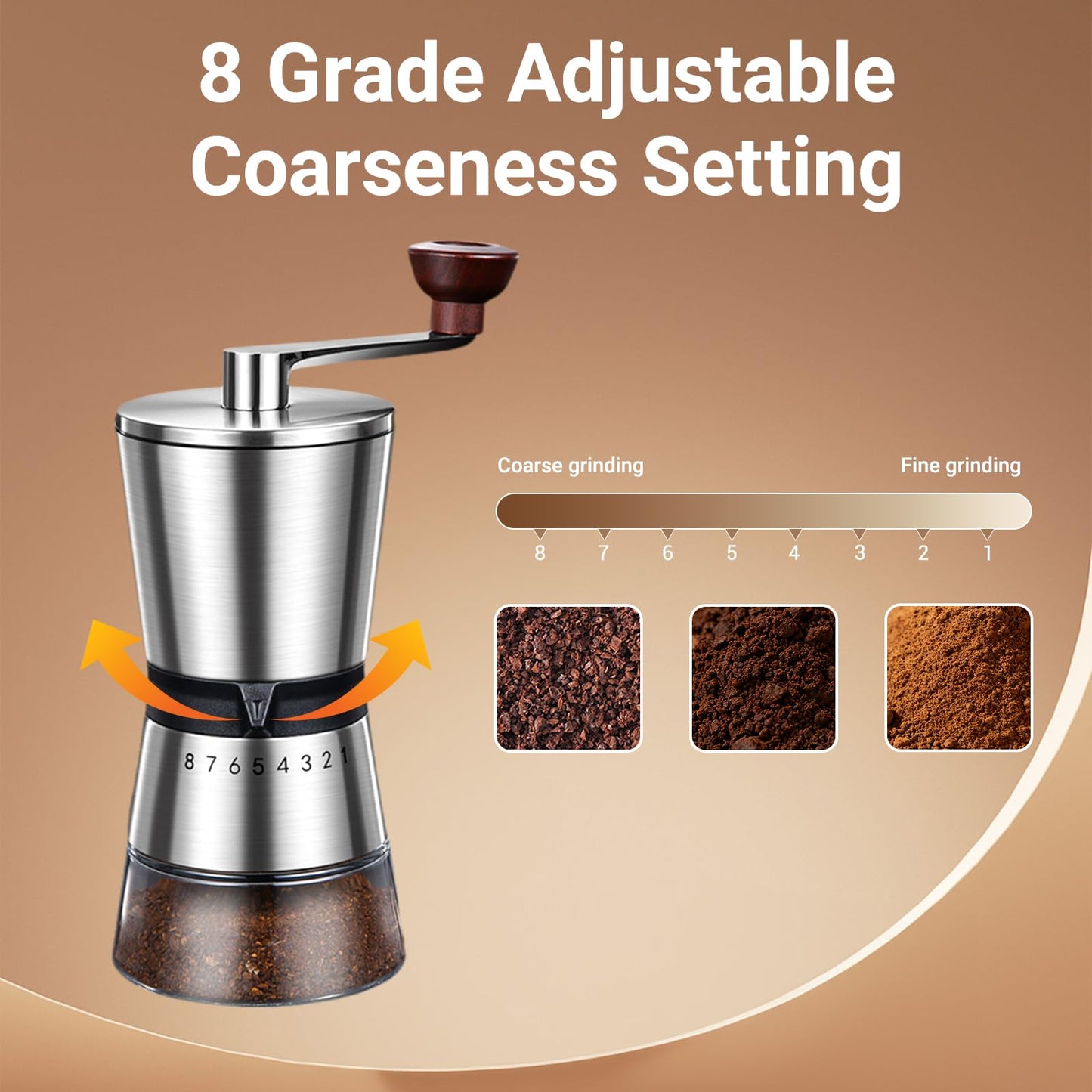 Ceramic Burr Manual Coffee Grinder with 8 Adjustable Coarseness Settings for Cold Brew Espresso Beans French Press Pour Over Drip Stainless Steel Hand Crank Coffee Mill for Home use or Travel Camping