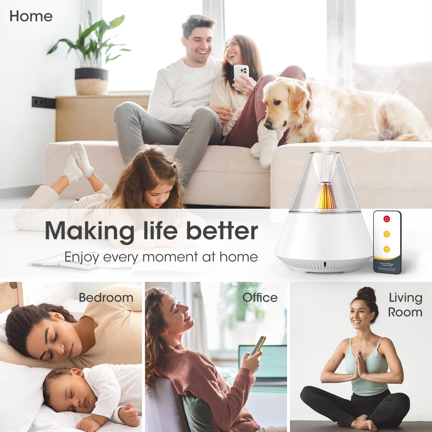 Essential Oil Diffuser, Modern Style Aromatherapy Aroma Diffusers with Candle Light, Fragrance Ultrasonic Cool Mist Humidifier, Remote Control, Auto Shut-Off, for Home Living Room Office