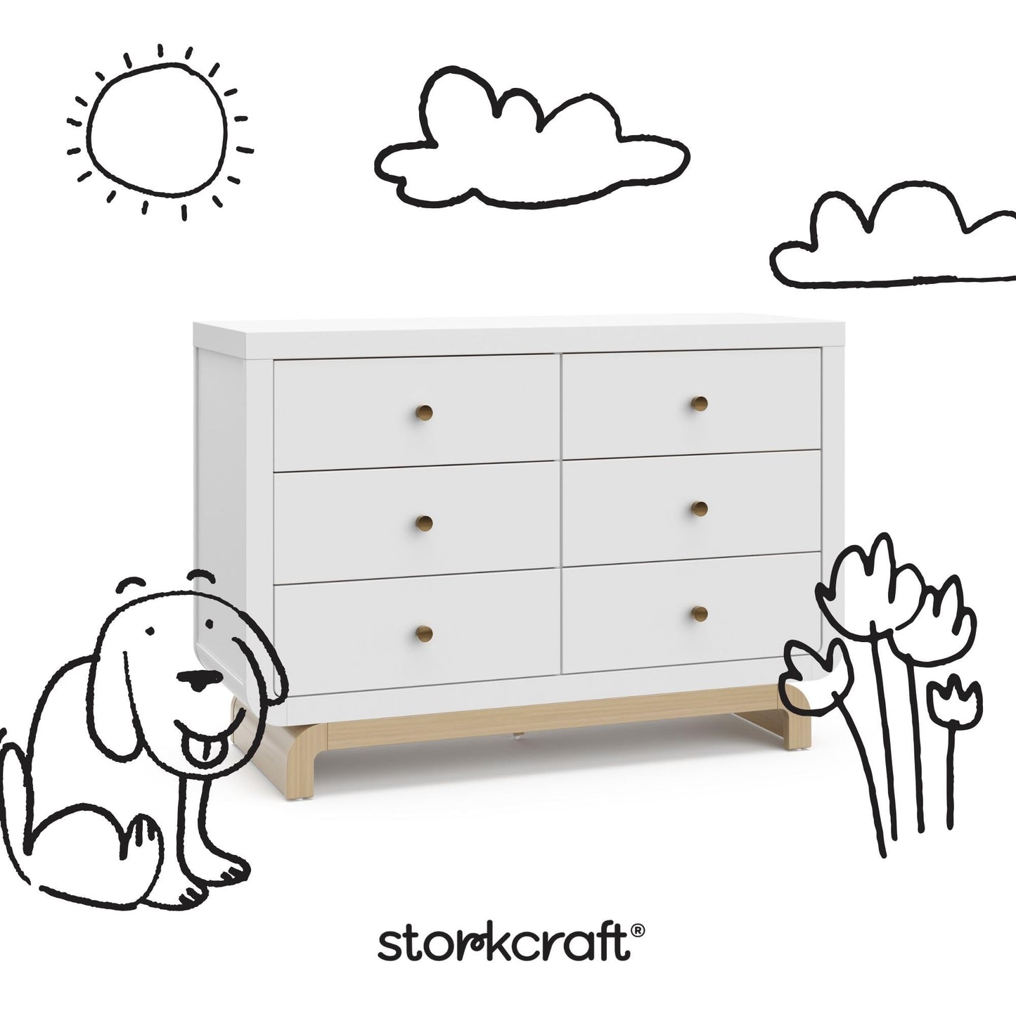 Storkcraft Santorini 6 Drawer Double Dresser (White with Driftwood) - GREENGUARD Gold Certified, Interlocking Drawer System, Dresser Drawer Organizer for Kids Bedroom