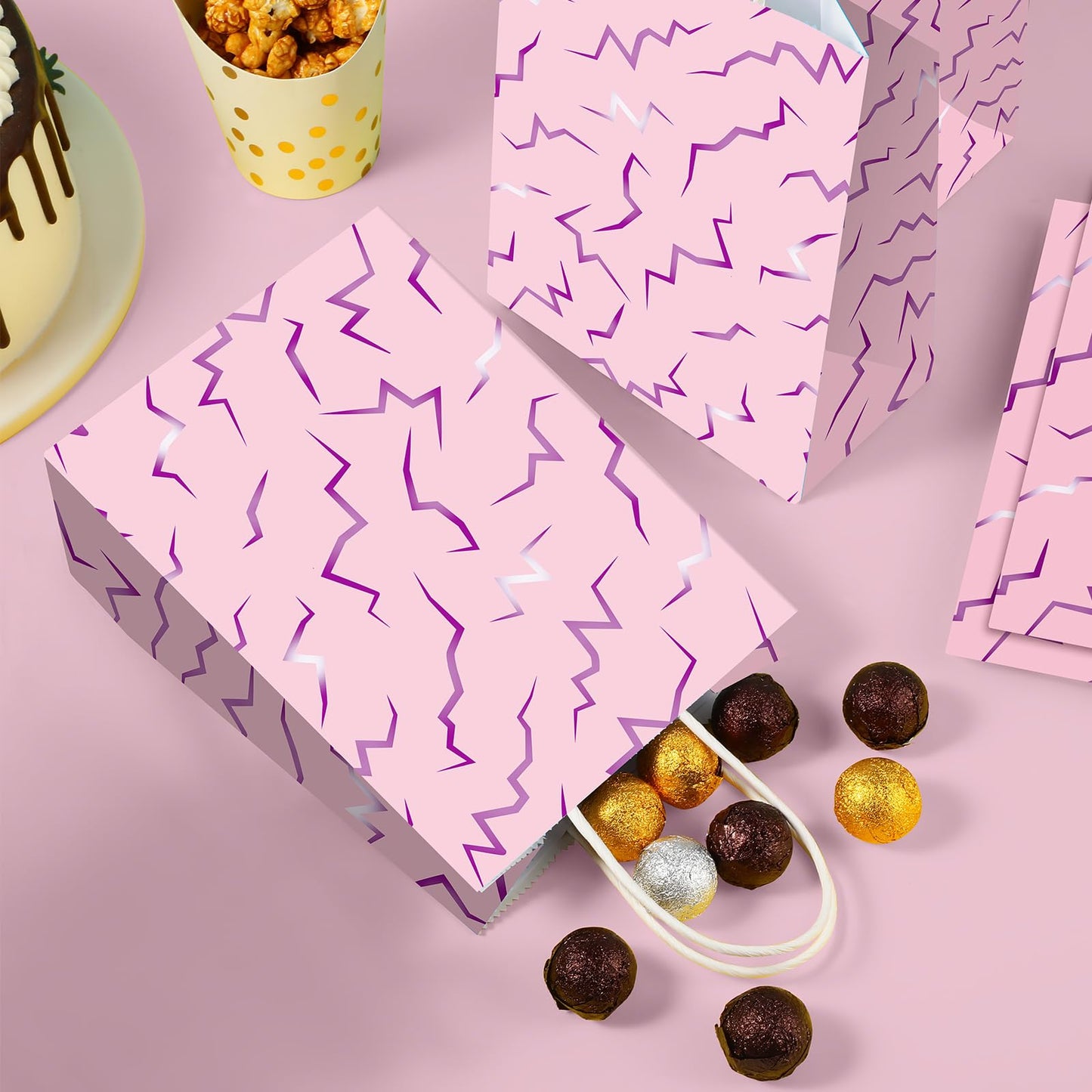 Hauwellter 24 Pcs Kpop Party Favor Bags, Pink and Purple K Pop Themed Kraft Paper Gift Bags with Handles, Bulk Goodie Treat Bag for Kpop Disco Halloween Birthday Party Supplies Decorations