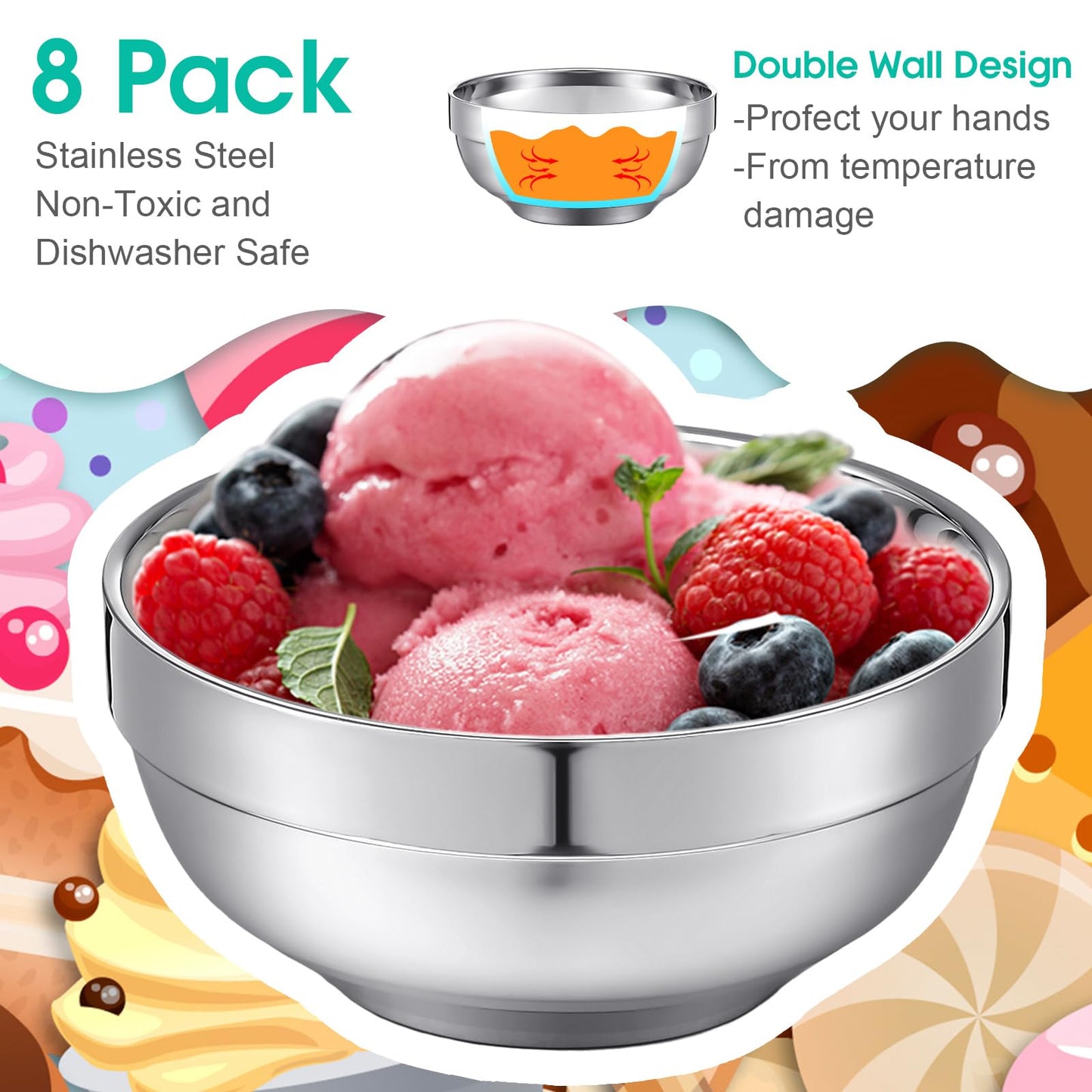 Funnymoom 4 Pack 24 Oz stainless Steel Bowls Double Walled Insulated Soup Ice Cream Metal Mixing Nesting Bowls for Serving Soup Rice Cereal