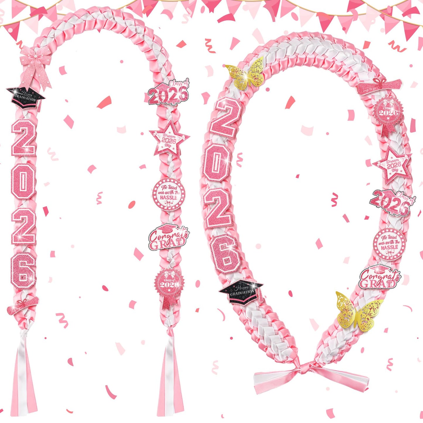 Suncalla 2pcs Pink Graduation Leis Class of 2026 Coquette Money Butterfly Ribbon Leis for Graduation Necklace with Pins Braided Ribbon Necklace for Grad Gift High School University Ceremony DIY Decor