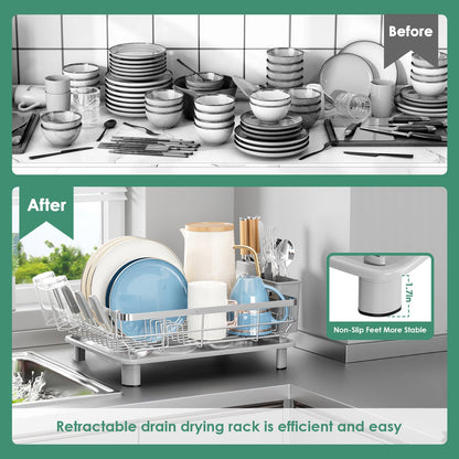 MOUKABAL Dish Drying Rack, Dish Rack, Stainless Steel Dish Racks for Kitchen Counter, Dish Drainer with Removable Utensil Holder, Drainboard (Grey,Stainless Steel,13''W x 17''L)