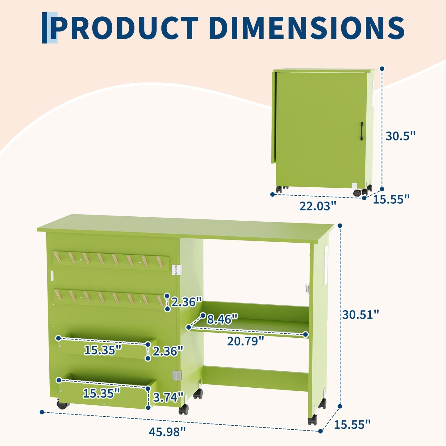 Folding Sewing Machine Table with Charging Station, Rolling Craft Table with Lockable Wheels, Storage Trays & Shelf, Pegs, Magnetic Locks, Foldable Sewing Machine Cabinet Desk for Small Spaces, Green