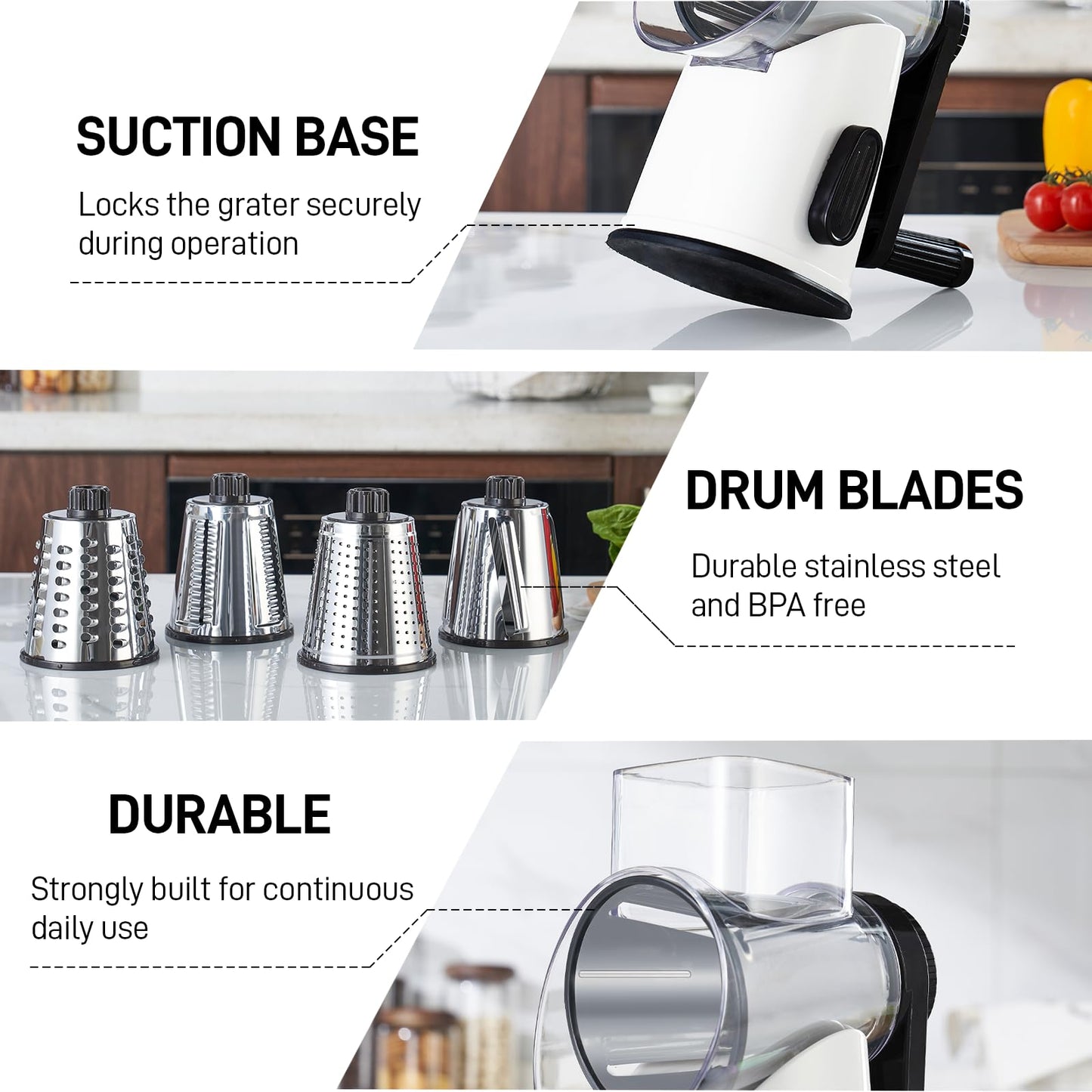 VEKAYA Rotary Cheese Grater Hand Crank with 4 Interchangeable Stainless Steel Blades, Large Manual Handle Shredder and Waffle Slicer for Vegetables, Cheese and Nuts with Table Suction Base(White)