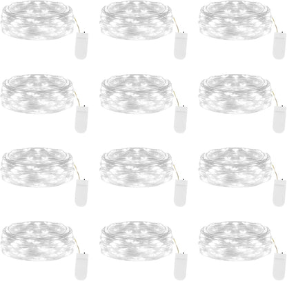 12-Pack Lights-7FT 20 Lakumu Fairy Lights Battery Operated String LED,Waterproof Silver Wire Firefly Lights for Mason