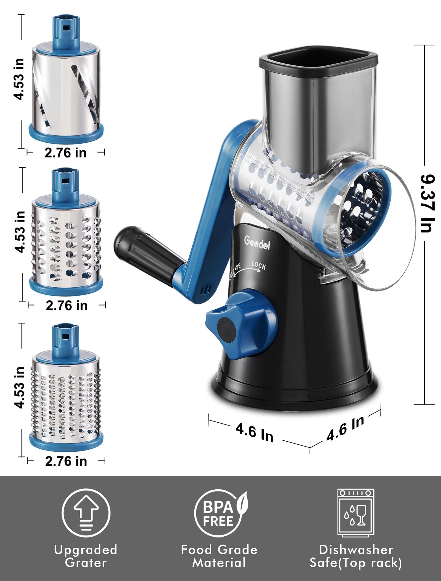 Geedel Rotary Cheese Grater, Kitchen Mandoline Vegetable Slicer with 3 Interchangeable Blades, Easy to Clean Rotary Grater Slicer for Fruit, Vegetables, Nuts