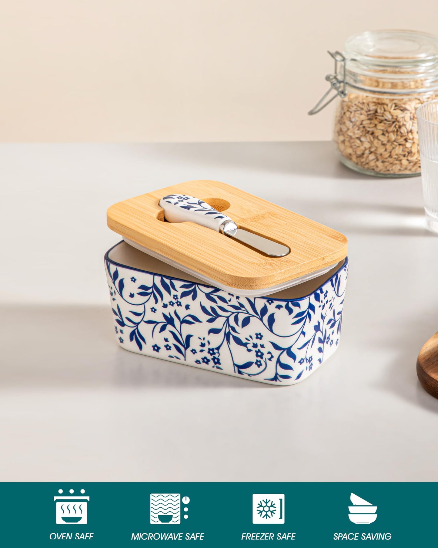 vancasso SELENE Butter Dish with Lid, 6.5" Large Butter Dish for Countertop, Ceramic Butter Keeper Container with Knife and Bamboo Lid, Delicate Floral Pattern