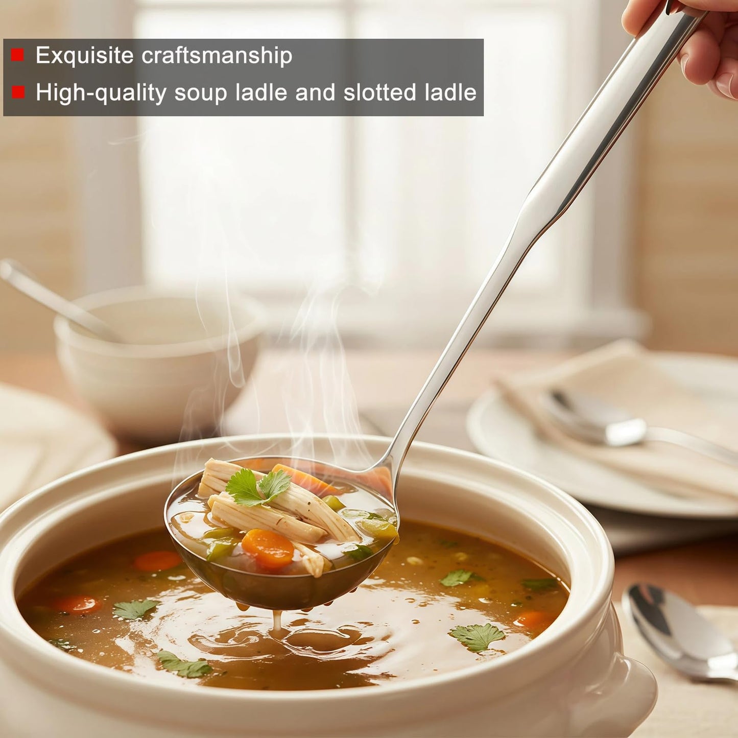 Hvanam Soup Ladle 18/10 Stainless Steel and Slotted Spoons with Holes 2 Pack Set,316 Metal Heavy Duty Deep Spoon Gravy Punch Ladles for Serving Soup,Gravy,Draining,Kitchen Cooking,Hot Pot(11.8inchs)