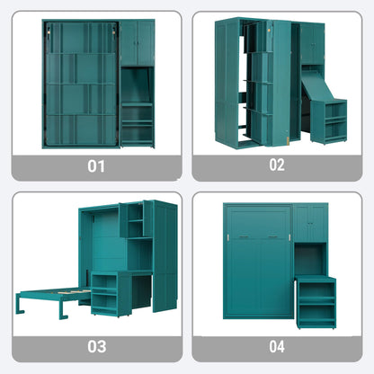 Merax Twin Size Rotating Wall Murphy Beds, Wood Folding Murphy Wall Bed with Bookshelf, Top Cabinet, Extendable Desk & Side Storage, Teal