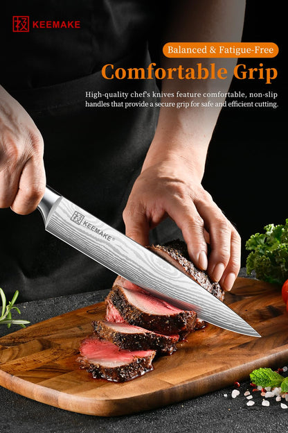 KEEMAKE 8 Inch Carving Knife - Ultra Sharp Slicing Knife High Carbon Stainless Steel Blade & Ergonomic Handle for Meat Cutting BBQ Turkey Ham Gift Box Included