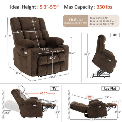 MCombo Dual Motor Power Lift Recliner Chair with Massage and Heat for Elderly People, Infinite Position, USB Ports, Cup Holders, Fabric 7890 (Medium, Mocha)
