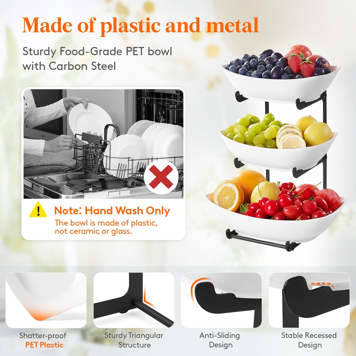 Lifewit Plastic Fruit Bowl for Kitchen Counter, 3 Tier Fruit Basket with Black Metal Stand, Tiered Fruit Holder for Countertop Serving Tray for Vegetable/Dessert in Party 28 x 21 x 35cm/11 x 8.4 x 14