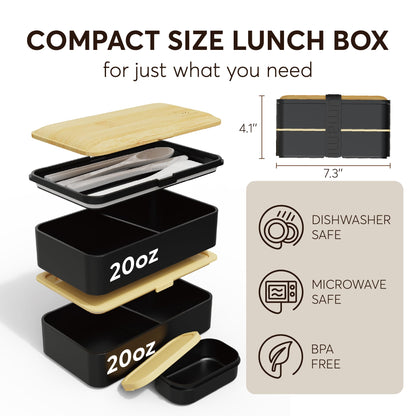 Umami Bento Box Adult All-In-1 w/4 Utensils, Big Sauce Jar, 2 Dividers, 100% Leakproof, Microwave & Dishwasher Safe Stackable Bento Lunch Box Containers for Men/Women, Black & Bamboo, 40 oz