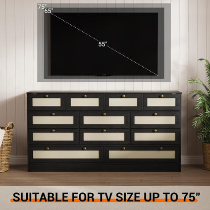 GarveeHome 12 Drawer Wooden Dresser for Bedroom, Rattan Chest of Drawers for Closet, Living Room, Hallway, 61 Inch Wood Wide TV Stand Dressers for 65 Inch TV, Modern Dresser for Adult Room