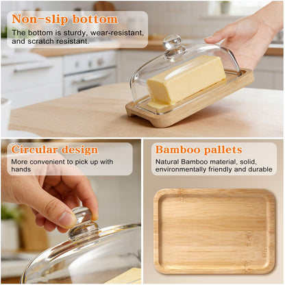 RingsTown‌ wide butter dish with glass lid with Easy-Grip Handle Lid & Natural Bamboo Base - Airtight Seal for Butter Storage Box for Kitchen Countertop and Dining Table to Keep Butter Fresh.