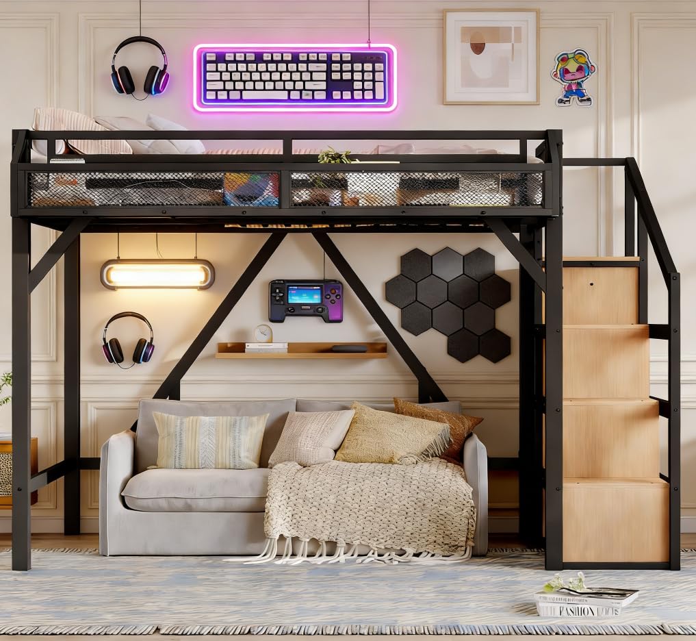 Bellemave Twin XL loft Bed with Storage Stairs, Wardrobe, Shelves, Metal Twin XL Size Loft Bed Frame for Adults, Kids, Teens, Black+Natural Wood