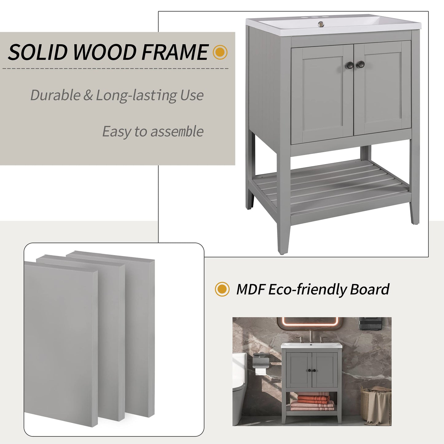 Merax Grey Bathroom Vanity and Sink Combo 24 inch Bathroom Vanities Set with Cabinet, Solid Wood Frame, Ceramic Sink