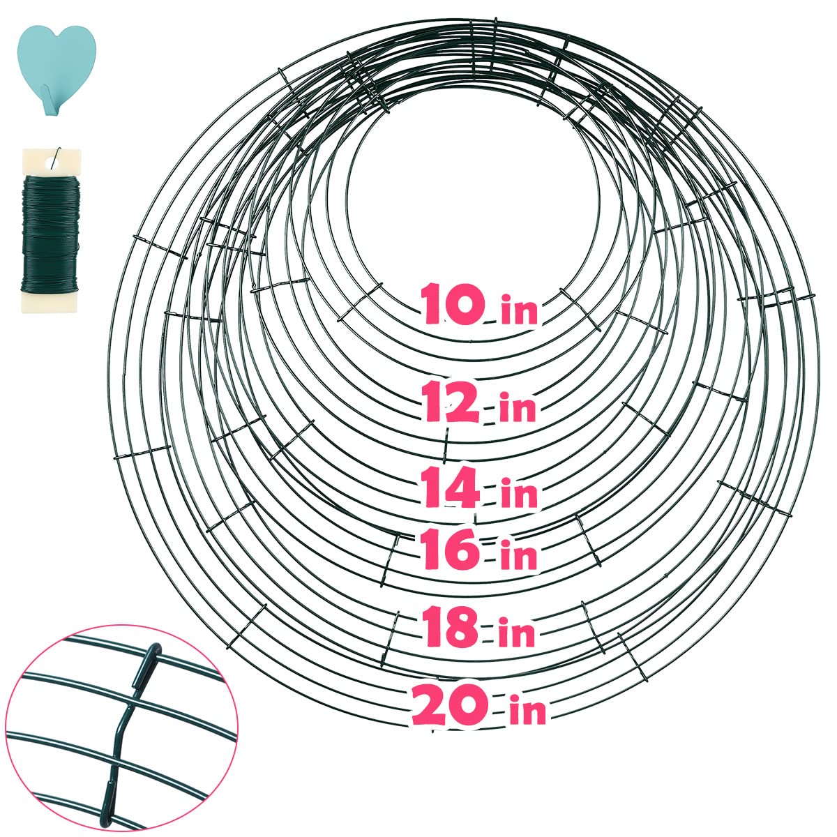 6 Pack Wire Wreath Frame 10 Inches Metal Wreath Rings for Chirstmas New Year Party with 6 Pcs Adhesive Hooks and 38 Yard 22 Gauge Paddle Wire for Crafts