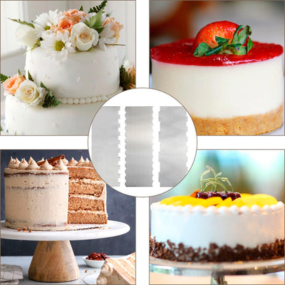 3 Piece Stainless Steel Cake Scraper, Metal Cake Smoother with Sided Patterned Edge, Double-Sided Design for Cake Decorating