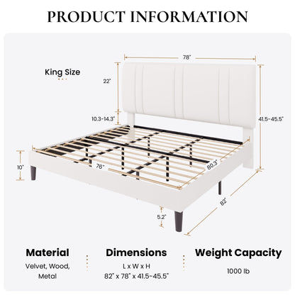 SHA CERLIN King Size Platform Bed Frame, Velvet Upholstered Bed with Adjustable Headboard, Vertical Channel Tufted Design, Sturdy Wood Slat Support, No Box Spring Needed, Easy Assembly, White