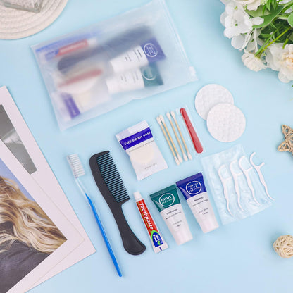Toiletry Kits Travel Essentials Disposable Hygiene in Bulk, Trial Size Toiletries Supplies Individually Wrapped Traveling Personal Care Items, for Camping, Hotel, Homeless, Charity, 8-in-1 (100-Pack)
