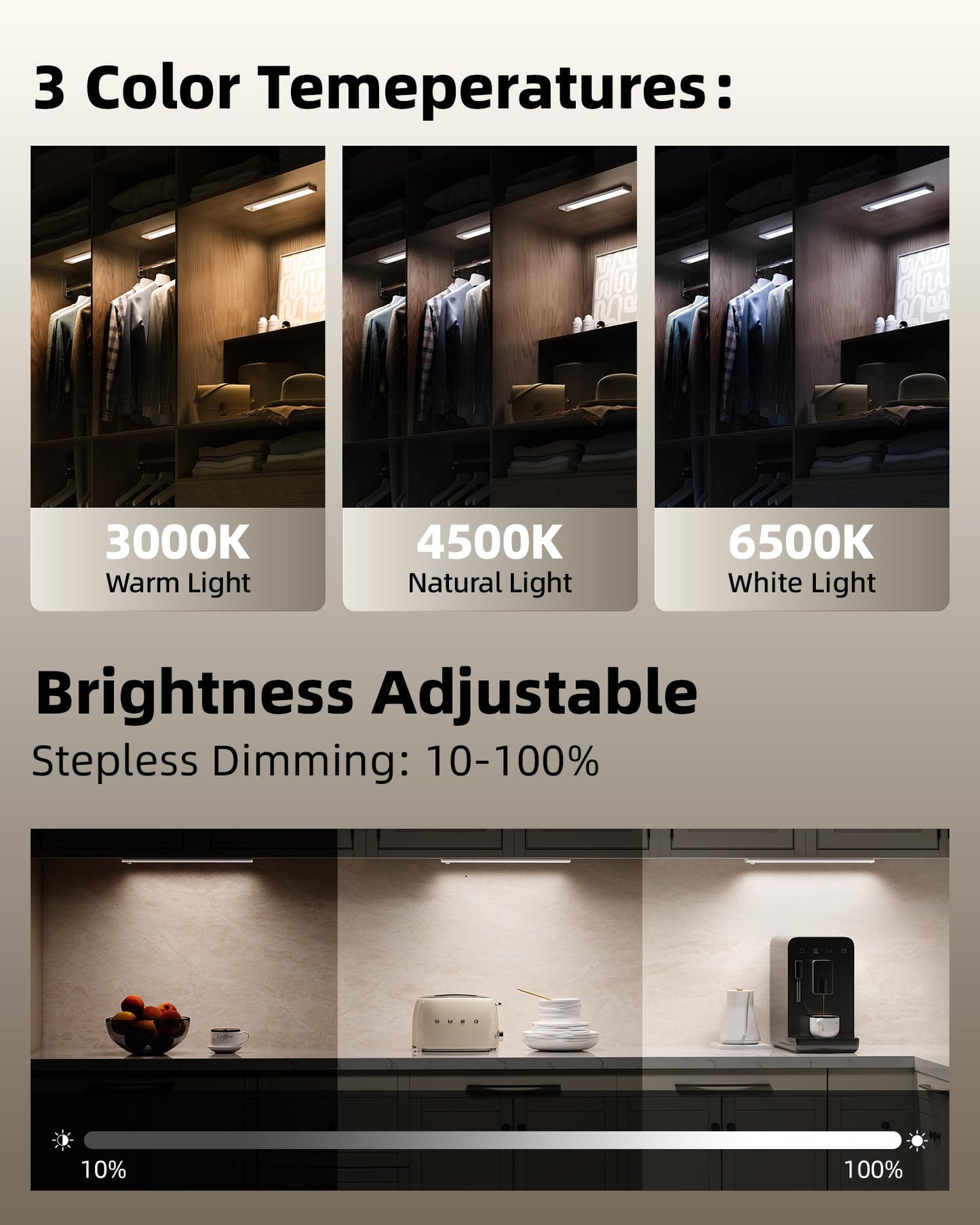AMETHEUS 12inch Under Cabinet Lighting with Remote, 2400mAh Rechargeable Motion Sensor Light Indoor, Wireless Closet Lights, Dimmable, 3 Color Temps, Magnetic for Kitchen, Stairs (4 Pack)