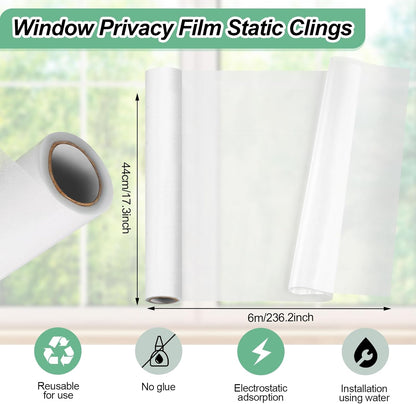 Frosted Glass Window Film, 17.3x236.2 Inches Non-Adhesive Privacy Film, Anti-UV for Bathroom Home and Office