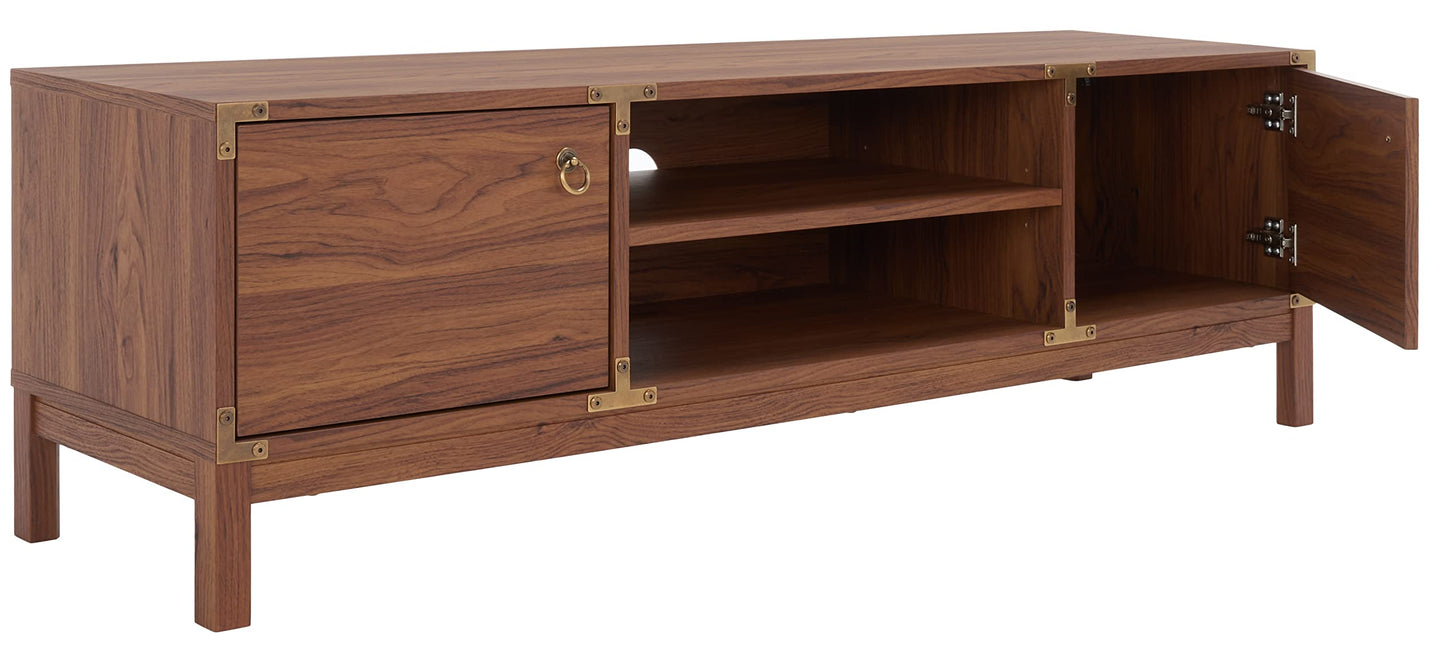 SAFAVIEH Galio TV Stand for up to 65" Flatscreen – Walnut & Gold, 2 Doors with Interior Storage, 2 Open Shelves, Entertainment Media Console (MED9612A)