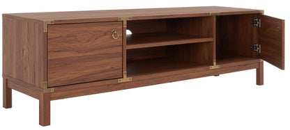 SAFAVIEH Galio TV Stand for up to 65" Flatscreen – Walnut & Gold, 2 Doors with Interior Storage, 2 Open Shelves, Entertainment Media Console (MED9612A)