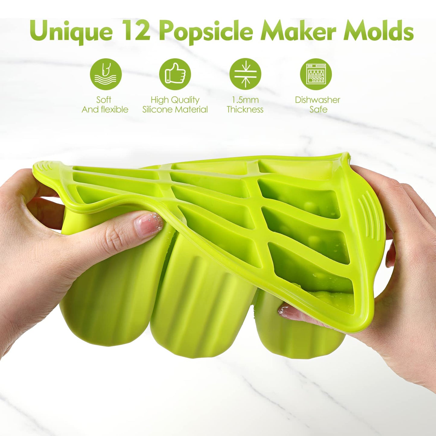 Popsicle Molds Silicone BPA-free,12 Pieces Popsicle Trays for Freezer,Homemade Ice Cream Popsicle Molds,Large Ice Pop Maker Set,Moldes Para Paletas,Ice Lolly Moulds with 100PCS Popsicle Sticks(Green)
