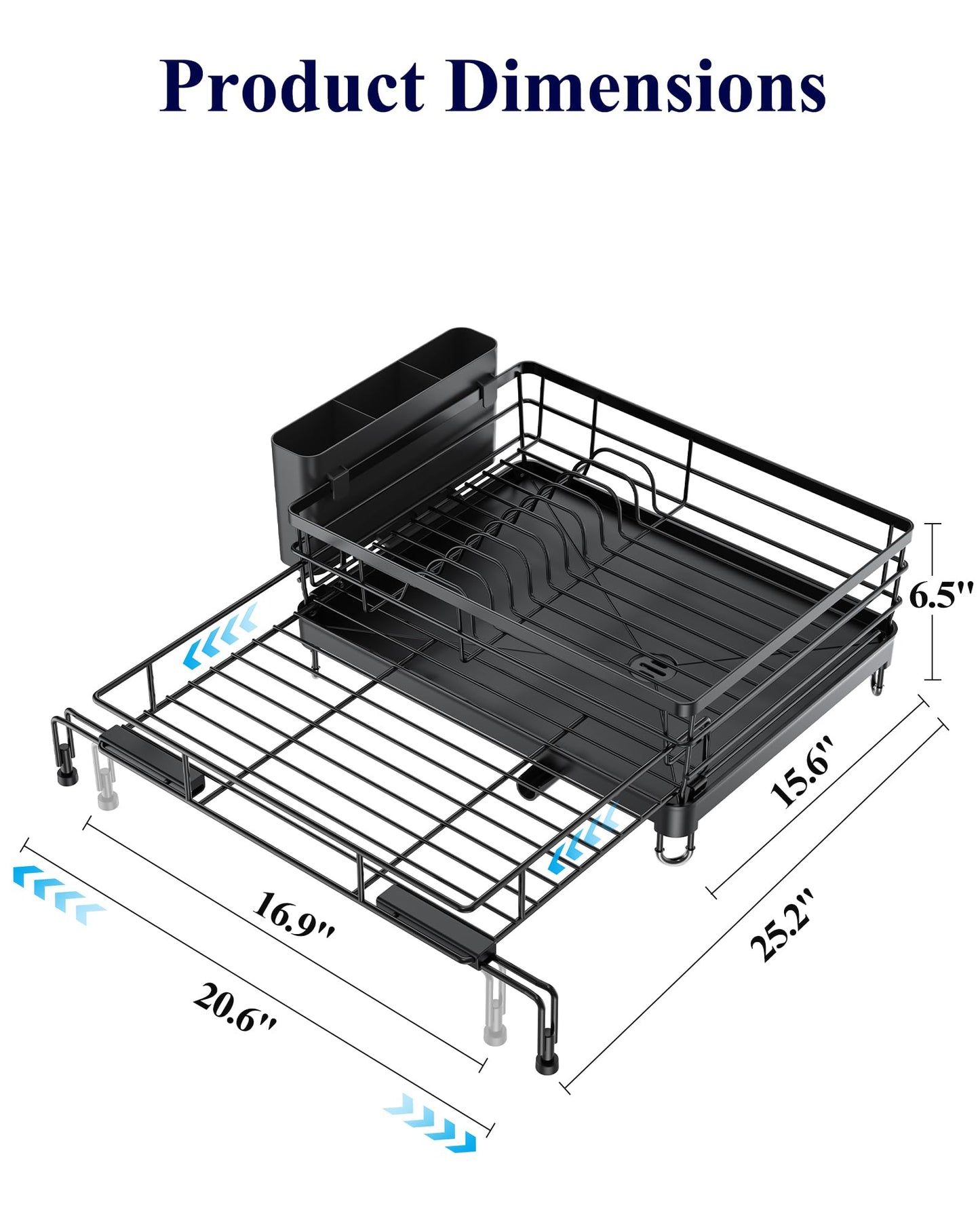 Kitsure Extendable Dish Drying Rack - Rust-Resistant Dish Racks for Kitchen Counter with Adjustable Support Legs, Cutlery Holder & Removable Draining Tray (Black, 15.6''-25.2''L × 16.9''W × 8.1''H)