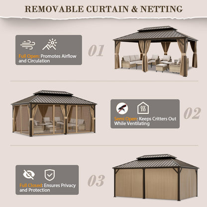 EAGLE PEAK 12x18 Hardtop Gazebo, Galvanized Steel Double Roof with Aluminum Frame, Outdoor Pavilion with Netting and Curtains for Patio, Deck, Lawn and Garden, Dark Brown/Tan