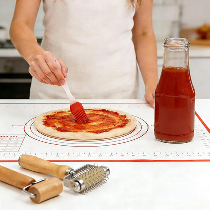 4Pcs Pizza Baking Tool Kit with Dough Docker, Non-Slip Silicone Baking Mat & Wooden Rolling Pin – Essential Tools for Pizza, Pie, Pastry, Bread and Cookies