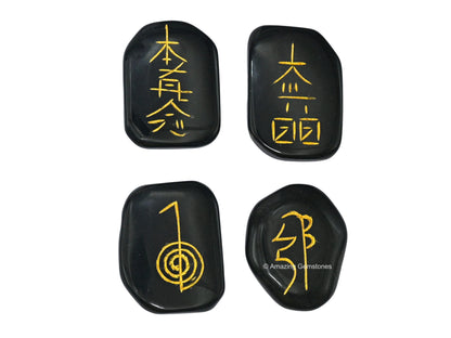 Amazing Gemstone Black Agate Crystal Reiki Stones with Engraved Symbols for Usui Reiki Healing, Set of 4 Pcs (Indian Handmade Reiki Gift Set)