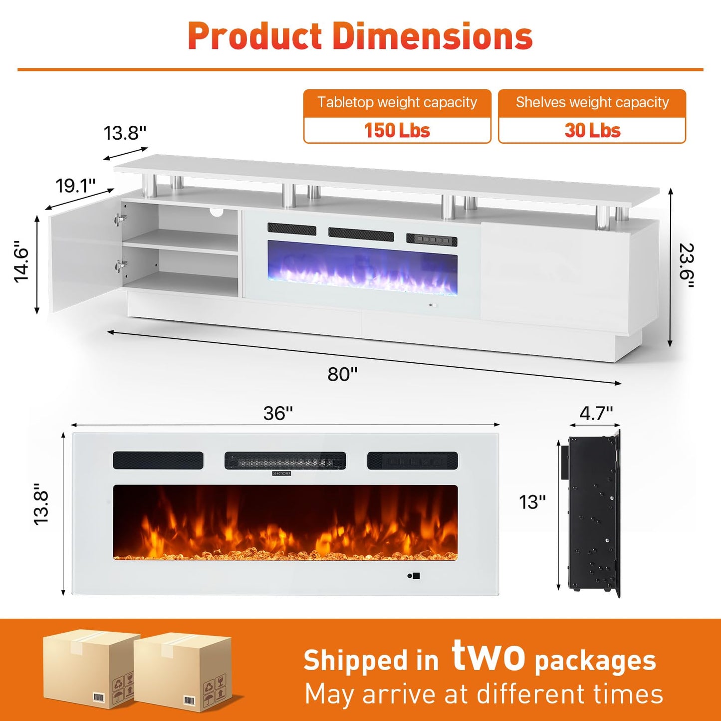 MXV 80" Fireplace TV Stand, Modern Entertainment Center & 36 Inch Electric Fireplace with Remote Control, LED Light, Fire Place Tv Stand for Living Room for TVs up to 90", White + White