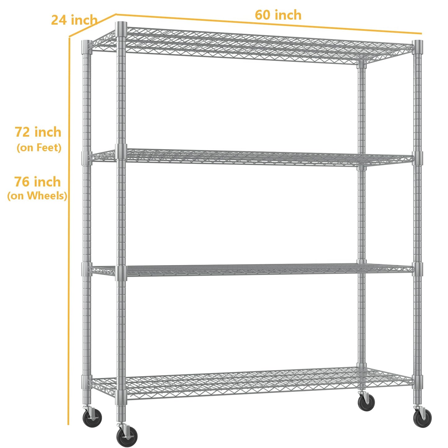 Himimi Storage Shelves 60"W Wire Shelving with Wheels 2600LBS Heavy Duty Metal Shelves for Storage, 4-Tier Adjustable Wire Rack Shelving Garage Shelving Kitchen Storage Shelves 24"Dx60"Wx72"H, Silver