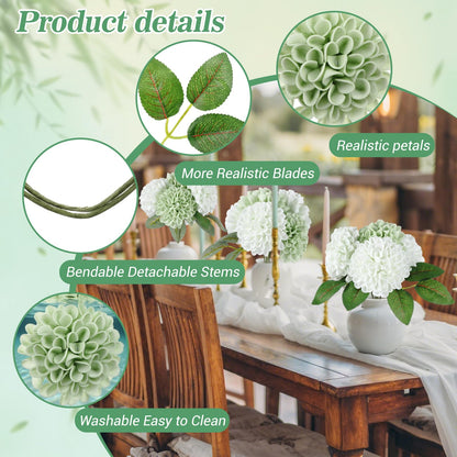 Giegxin 50 Pcs Sage Green Artificial Flowers with Stem for DIY Wedding Bouquets Centerpieces Arrangements, Green and White Dahlia Flowers for Bridal Shower Party Home Decorations, 3.15 Inches