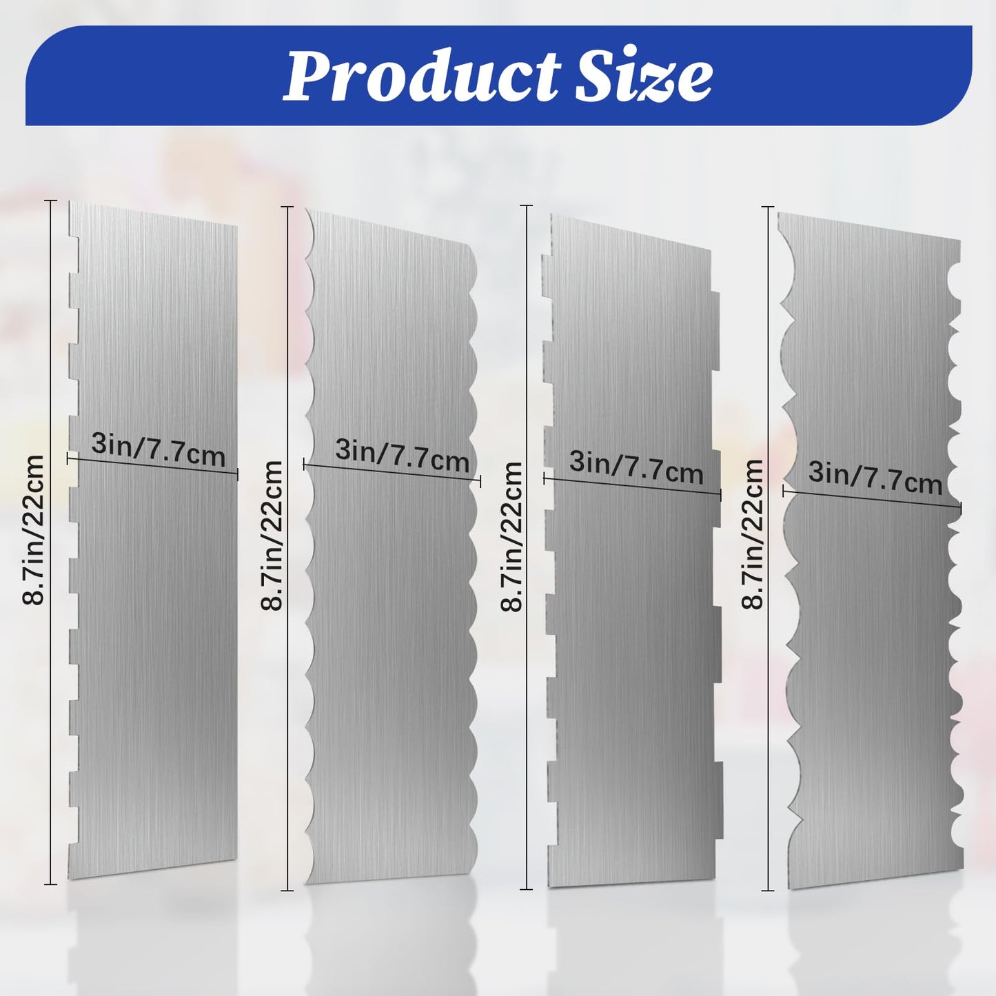 4 Pack Stainless Steel Cake Scraper,8.6 Inch Double Sided Patterned Stripe Metal Cake Smoother, Cake Decorating Comb Pastry Cutter Leveler for Mousse Butter Cream Cake Edge Baking Decoration