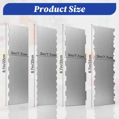 4 Pack Stainless Steel Cake Scraper,8.6 Inch Double Sided Patterned Stripe Metal Cake Smoother, Cake Decorating Comb Pastry Cutter Leveler for Mousse Butter Cream Cake Edge Baking Decoration
