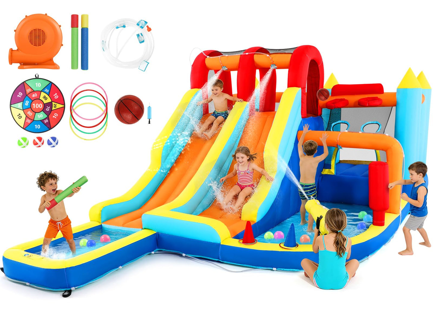 JOYLDIAS Inflatable Water Slide Park, Giant Bounce House with 450W Blower, Climbing Wall, Dual Basketball Hoops & Ring Toss Games - Outdoor Backyard Jumper for Kids Ages 3+