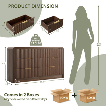 Decofy Fluted Drawers Dresser for Bedroom, Wood Dressers with Gold Handles, Modern Dressers with Wave Texture, Large Storage Chest of Drawers, Bedroom Dresser Organizer 55'' & 7 Drawers (Walnut)