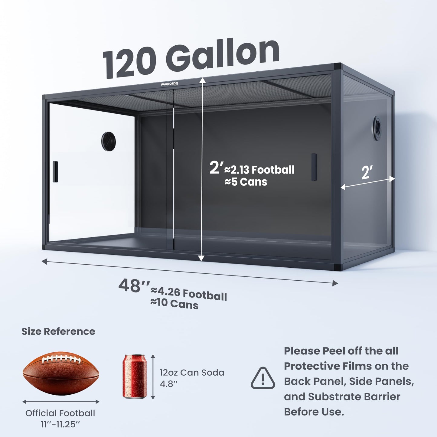Phailozoo 120 Gallon Bearded Dragon Tank,48" x 24" x 24" Reptile Tank with Sliding Door Top Screen Ventilation, Front Opening Reptile Enclosure for Easy Maintenance