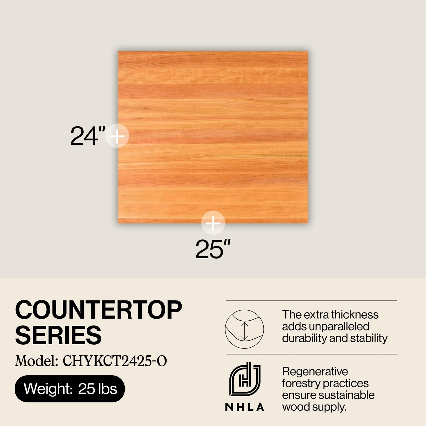 John Boos Rectangular Wooden Blended Cherry Counter & Island Top Cutting Board 24”x25” – 1.5” Thick, 25-lb Non-Reversible Countertop Butcher Block with Eased Edges & Edge-Grain – Made in the USA