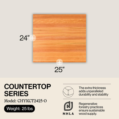 John Boos Rectangular Wooden Blended Cherry Counter & Island Top Cutting Board 24”x25” – 1.5” Thick, 25-lb Non-Reversible Countertop Butcher Block with Eased Edges & Edge-Grain – Made in the USA