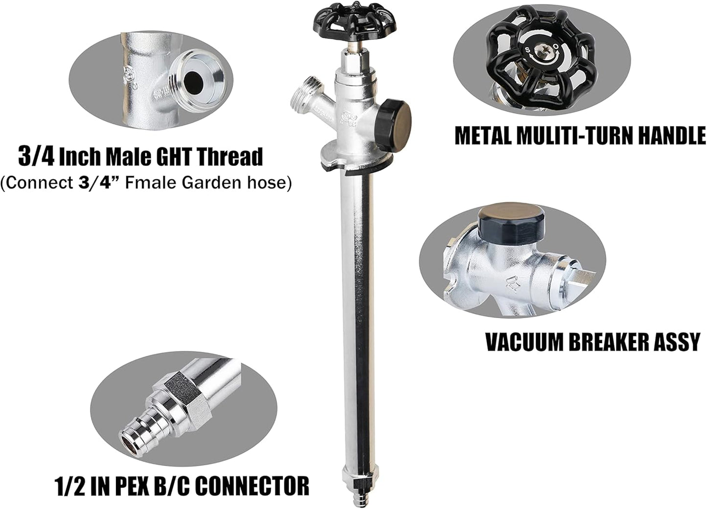 10 Inch 1/2 Inch 3/4 Inch WHK Frost Anti-Siphon Sillcock PEX B X Hose Bibb,Frost Proof Outdoor Faucet Bib with Vacuum